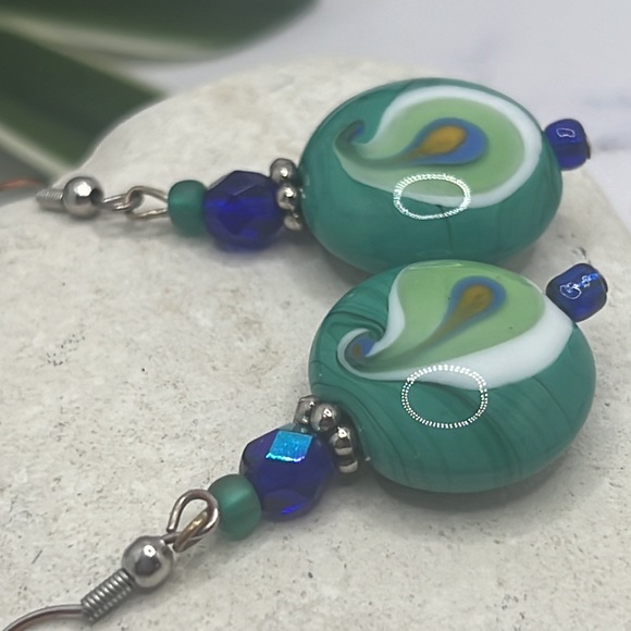 Peacock Feather Glass Earrings. - Picture 2 of 3